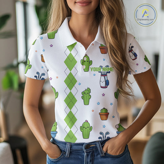 Argyle Pattern Womens Golf Polo Shirts Funny Cactus Flower Custom Cactus Golf Shirt Golfer Gifts NHN0012
