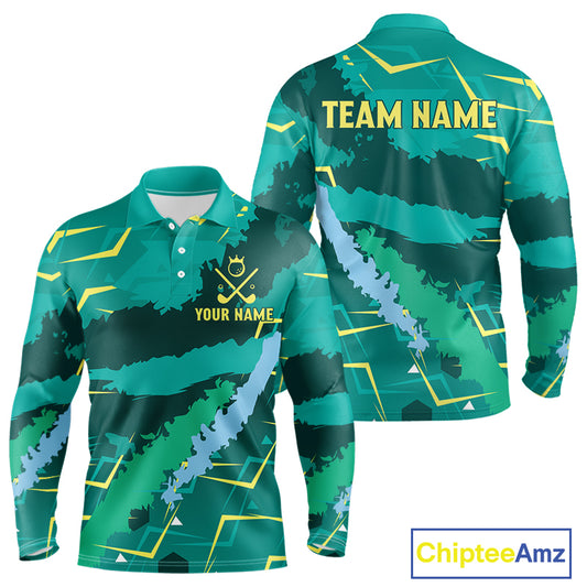 Mens Long Sleeve Golf Polo Shirt Green Golf Clubs Custom Name Personalized Green Camo Golf Tops NHN0016