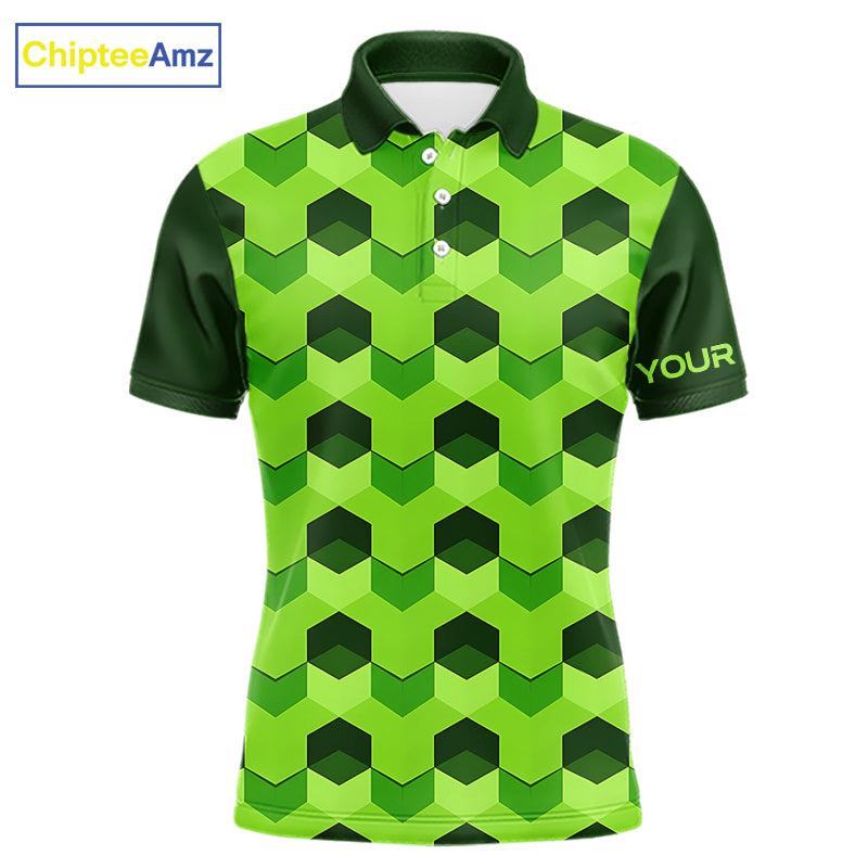 Plaid Mens Golf Polo Shirt Custom Abstract Green Hexagon Pattern Golf Shirts For Men NHN0156