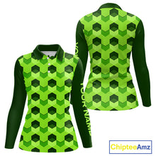 Load image into Gallery viewer, Plaid Womens Long Sleeve Golf Polo Shirt Custom Abstract Green Hexagon Pattern Golf Shirts For Ladies NHN0156