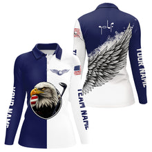 Load image into Gallery viewer, American Flag Eagle Womens Long Sleeve Polo Golf Shirts Custom Patriotic Blue and White Golf Attire NHN0041