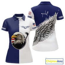 Load image into Gallery viewer, American Flag Eagle Womens Golf Polo Shirts Custom Patriotic Eagle Golf Attire For Women Blue &amp; White NHN0041