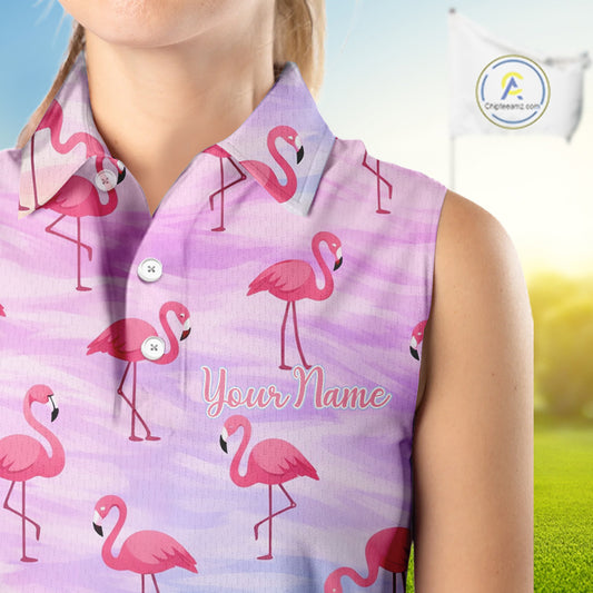 Violet Womens Sleeveless Golf Polo Shirts Custom Funny Flamingo Heart Pattern Team Ladies Golf Tops NHN0174