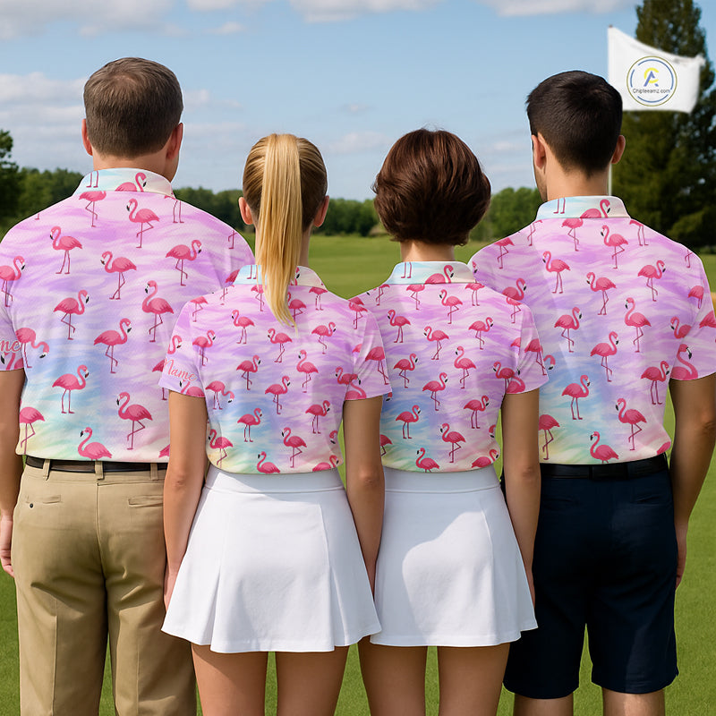 Violet Pastel Mens Golf Polo Shirts Custom Funny Flamingo Pattern Team Golf Tops For Men, Golf Gifts NHN0174