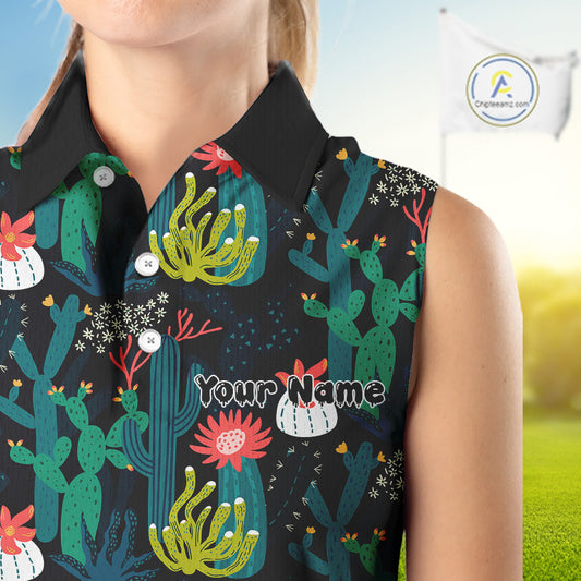 Funny Desert Cactus Pattern Womens Sleeveless Golf Polo Shirts Custom Cactus Golf Shirt For Ladies NHN0186