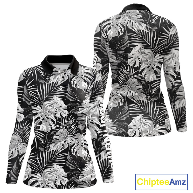 Womens Long Sleeve Golf Polo Shirt Retro Floral Pattern Tropical Leaves Custom Team Golf Shirt NHN0190
