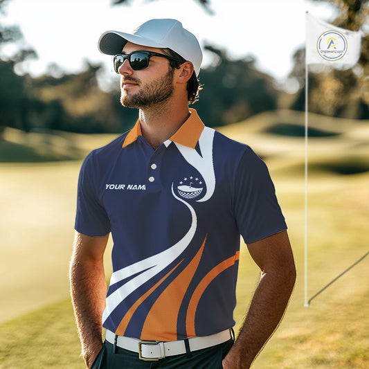 Mens Golf Polo Shirts Orange And Blue Pattern With Custom Golf Ball Name, Golf Gifts NHN0061