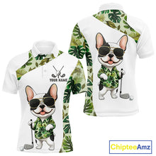 Load image into Gallery viewer, Green Tropical Pattern Mens Golf Polo Shirts Custom Cute Bulldog Golf Tops, White Golf Outfit For Men NHN0067