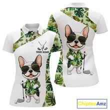 Load image into Gallery viewer, Green Tropical Pattern Womens Golf Polo Shirts Custom Cute Bulldog Golf Tops, White Ladies Golf Outfit NHN0067