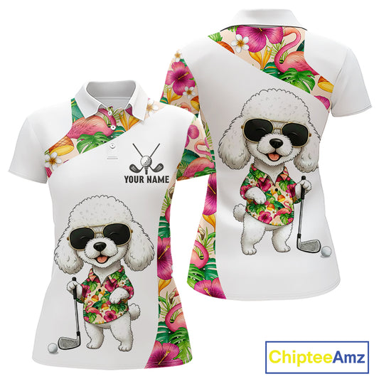 Funny Womens Golf Polo Shirt Custom Tropical Flamingo Pink Pattern, White Poodle Golf Outfit NHN0067
