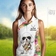 Load image into Gallery viewer, Funny Womens Sleeveless Golf Polo Shirt Custom Tropical Flamingo Pattern, White Poodle Golf Outfit NHN0067