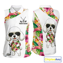 Load image into Gallery viewer, Funny Womens Sleeveless Golf Polo Shirt Custom Tropical Flamingo Pattern, White Poodle Golf Outfit NHN0067