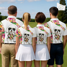 Load image into Gallery viewer, Funny Womens Golf Polo Shirt Custom Tropical Flamingo Pink Pattern, White Poodle Golf Outfit NHN0067