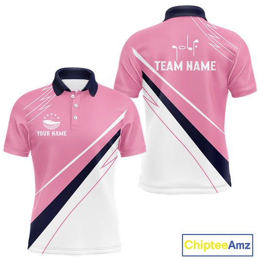 Mens Golf Polo Shirt Custom Blue And Pink Golf Shirt, White Team Golf Shirts Personalized  NHN0075