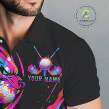 Load image into Gallery viewer, Wolf Mens Golf Polo Shirt Custom Neon Purple Pattern Team Golf Tops, Black Golf Outfit For Men NHN0085