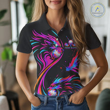 Load image into Gallery viewer, Wolf Womens Golf Polo Shirt Custom Neon Purple Pattern Team Golf Tops, Black Golf Outfit For Ladies NHN0085