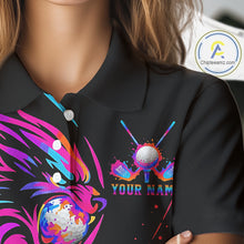 Load image into Gallery viewer, Wolf Womens Golf Polo Shirt Custom Neon Purple Pattern Team Golf Tops, Black Golf Outfit For Ladies NHN0085