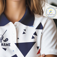Load image into Gallery viewer, Womens Golf Polo Shirt Custom Orange And Blue Triangle Pattern Team Golf Tops, White Golf Attire NHN0086