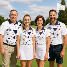 Load image into Gallery viewer, Mens Golf Polo Shirt Custom Orange And Blue Triangle Pattern Team Golf Tops, White Golf Attire NHN0086