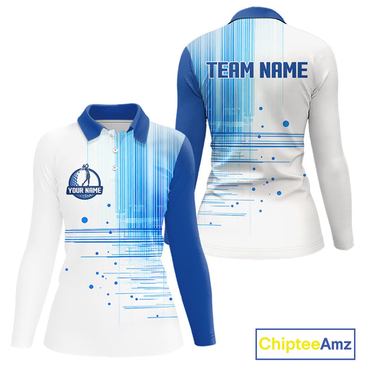 Womens Long Sleeve Golf Polo Shirt Custom Blue Pattern Team Golf Tops, White Golf Golf Outfit For Ladies NHN0087