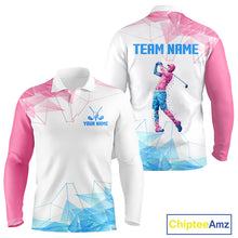 Load image into Gallery viewer, Long Sleeve Golf Polo Shirt Blue &amp; Pink Polygonal Pattern Custom White Golf Clubs Golf Shirts For Men NHN0098