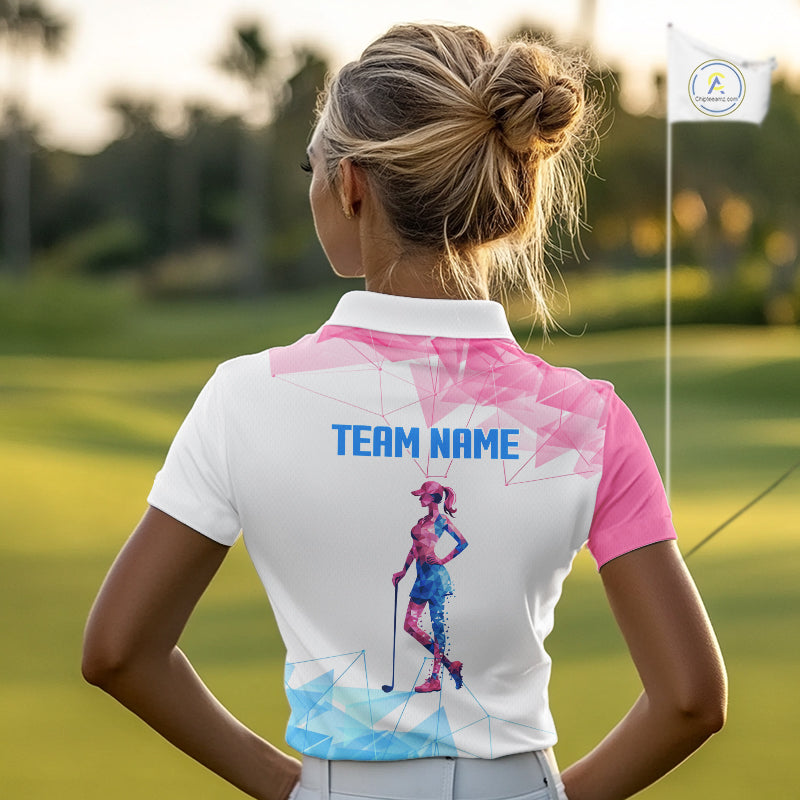 Womens Golf Polo Shirts Blue And Pink Polygonal Pattern Custom Name White Golf Shirts For Ladies NHN0098