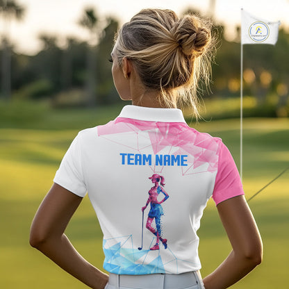 Womens Golf Polo Shirts Blue And Pink Polygonal Pattern Custom Name White Golf Shirts For Ladies NHN0098
