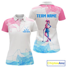 Load image into Gallery viewer, Womens Golf Polo Shirts Blue And Pink Polygonal Pattern Custom Name White Golf Shirts For Ladies NHN0098