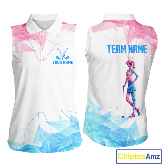 Womens Sleeveless Golf Polo Shirt Blue And Pink Polygonal Pattern Custom White Golf Clubs Golf Shirts NHN0098