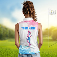 Load image into Gallery viewer, Womens Sleeveless Golf Polo Shirt Blue And Pink Polygonal Pattern Custom White Golf Clubs Golf Shirts NHN0098