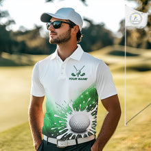 Load image into Gallery viewer, Green Geometric Triangle Pattern Mens Golf Polo Shirt Custom Watercolor Golf Ball White Golf Tops NHN0119