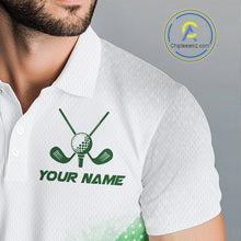 Load image into Gallery viewer, Green Geometric Triangle Pattern Mens Golf Polo Shirt Custom Watercolor Golf Ball White Golf Tops NHN0119