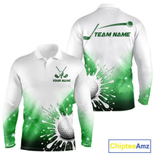Load image into Gallery viewer, Green Geometric Triangle Pattern Long Sleeve Golf Polo Shirt Custom Watercolor Golf Ball White Golf Tops NHN0119