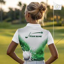 Load image into Gallery viewer, Green Geometric Triangle Pattern Womens Golf Polo Shirt Custom Watercolor Golf Ball White Golf Tops NHN0119