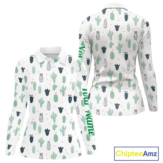 Funny Cactus Flower Pattern Womens Long Sleeve Golf Polo Shirt Custom, Cactus Golf Shirt Personalized NHN0151