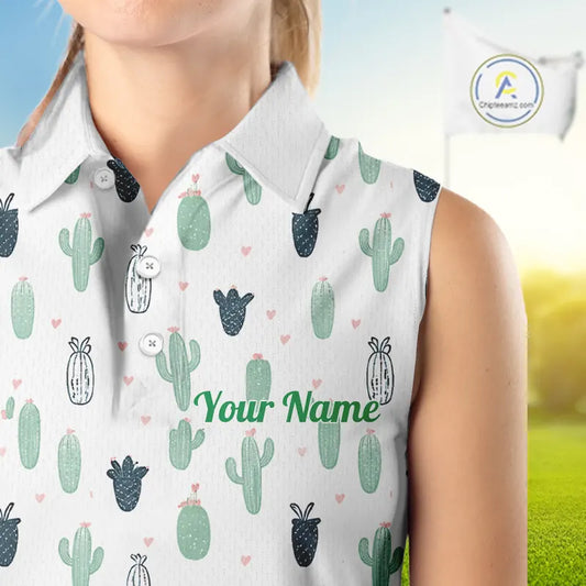 Funny Cactus Flower Pattern Womens Sleeveless Golf Polo Shirt Custom, Cactus Golf Shirt Personalized NHN0151