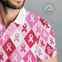 Load image into Gallery viewer, Pink Plaid Mens Golf Polo Shirt Custom Pink Ribbon Breast Cancer Awareness Team Golf Tops, Golf Gifts NHN0165