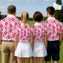 Load image into Gallery viewer, Pink Plaid Mens Golf Polo Shirt Custom Pink Ribbon Breast Cancer Awareness Team Golf Tops, Golf Gifts NHN0165