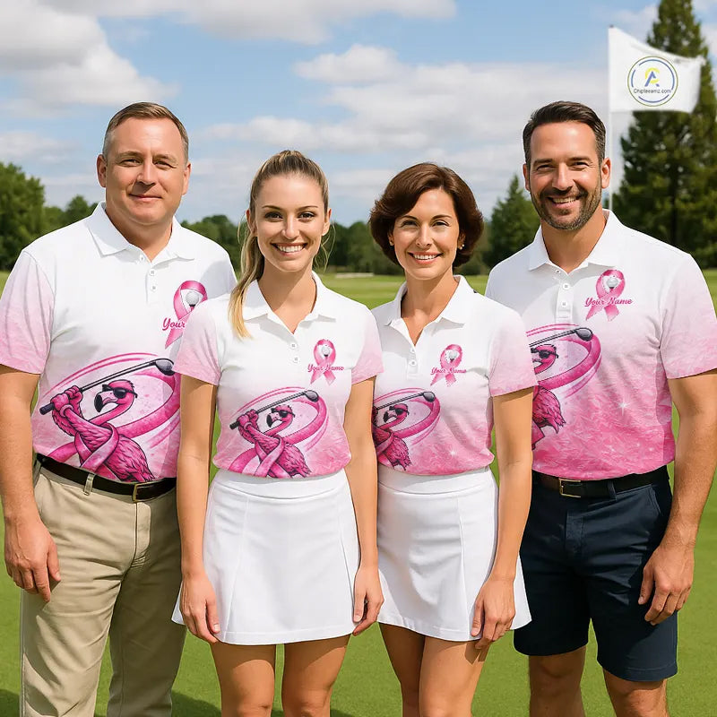 Pink Breast Cancer Golf Shirt, Funny Flamingo Cancer Awareness Mens Golf Polo Shirt, Golf Gifts NHN0167