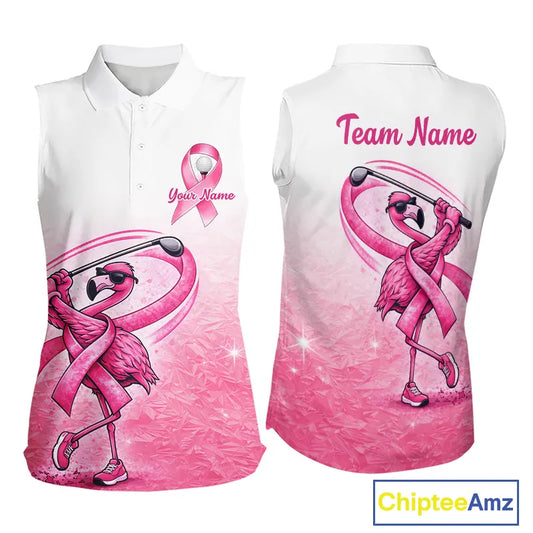 Pink Breast Cancer Golf Shirt, Funny Flamingo Womens Sleeveless Golf Polo Shirt Custom Name Golf Gifts NHN0167