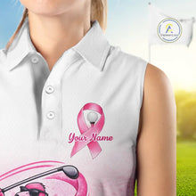 Load image into Gallery viewer, Pink Breast Cancer Golf Shirt, Funny Flamingo Womens Sleeveless Golf Polo Shirt Custom Name Golf Gifts NHN0167