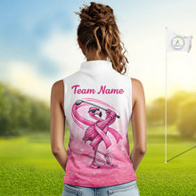 Load image into Gallery viewer, Pink Breast Cancer Golf Shirt, Funny Flamingo Womens Sleeveless Golf Polo Shirt Custom Name Golf Gifts NHN0167