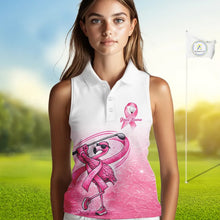 Load image into Gallery viewer, Pink Breast Cancer Golf Shirt, Funny Flamingo Womens Sleeveless Golf Polo Shirt Custom Name Golf Gifts NHN0167