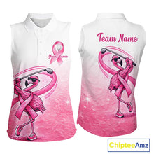 Load image into Gallery viewer, Pink Breast Cancer Golf Shirt, Funny Flamingo Womens Sleeveless Golf Polo Shirt Custom Name Golf Gifts NHN0167