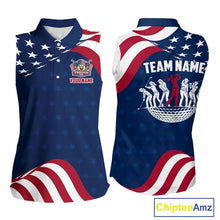 Load image into Gallery viewer, Funny Womens Sleeveless Golf Polo Shirt Custom Name American Flag Polo Shirt, Patriotic Gift NHN0173