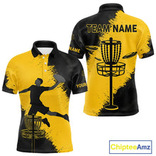 Load image into Gallery viewer, Mens Disc Golf Polo Shirt Custom Name Black And Yellow Disc Golf Basket Personalized Disc Golf Shirts NHN0050