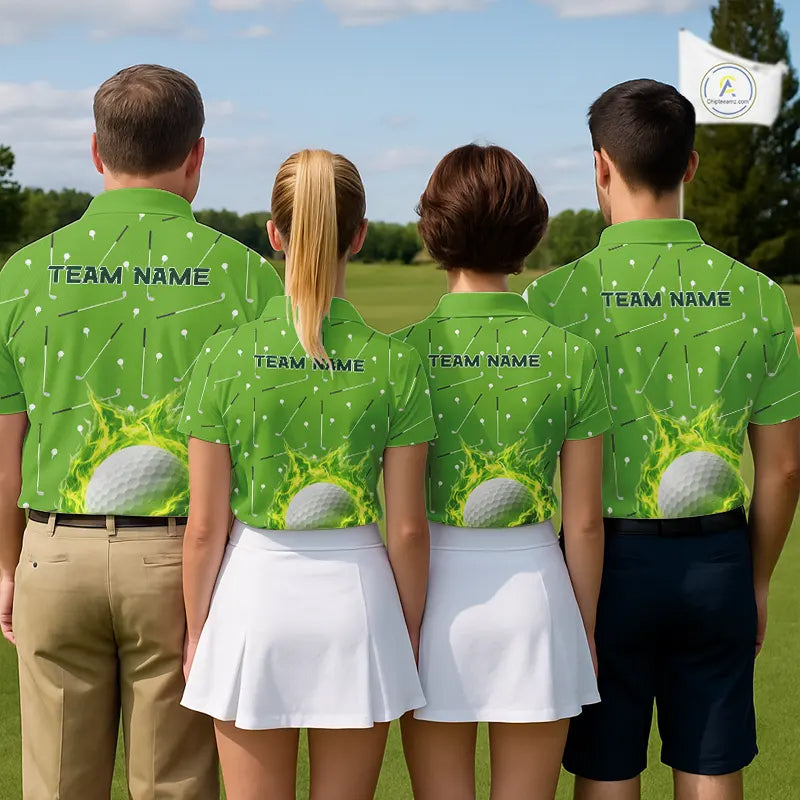 Womens Golf Polo Shirt Custom Green And White Golf Ball Flame Team Golf Shirts, Ladies Golf Top NHN0179