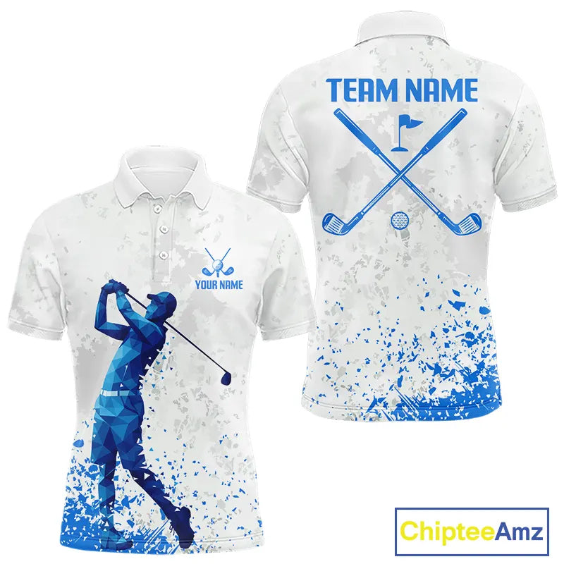 Blue And White Polygonal Pattern Mens Golf Polo Shirts Custom White Golf Clubs Golf Shirt For Men NHN0101