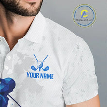 Load image into Gallery viewer, Blue And White Polygonal Pattern Mens Golf Polo Shirts Custom White Golf Clubs Golf Shirt For Men NHN0101