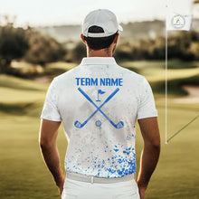 Load image into Gallery viewer, Blue And White Polygonal Pattern Mens Golf Polo Shirts Custom White Golf Clubs Golf Shirt For Men NHN0101